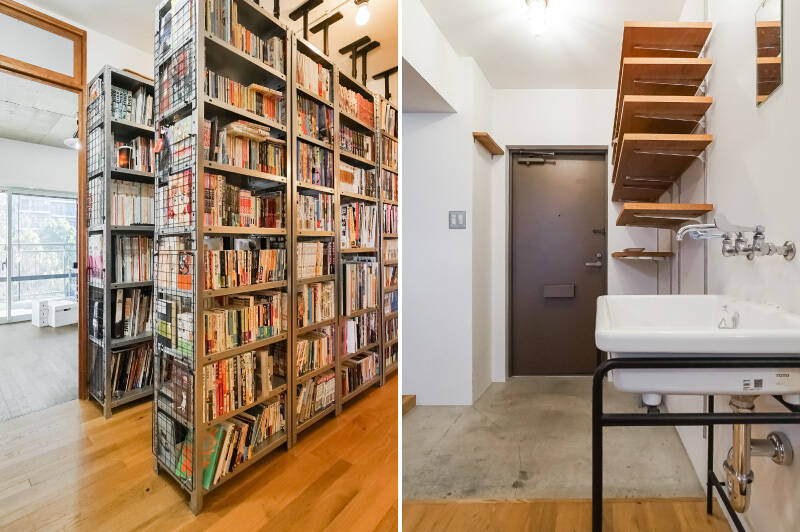 <b>左・</b>私設図書館のような風景。ご覧のようにめいっぱい本棚を設けるのも良し、あえて何も置かずにくつろぎ空間にするのも良し。自分だったらどう使うか、想像が膨らみますね。／<b>右・</b>玄関を入ってすぐの場所に手洗い場を設けています。これはうれしい存在♪