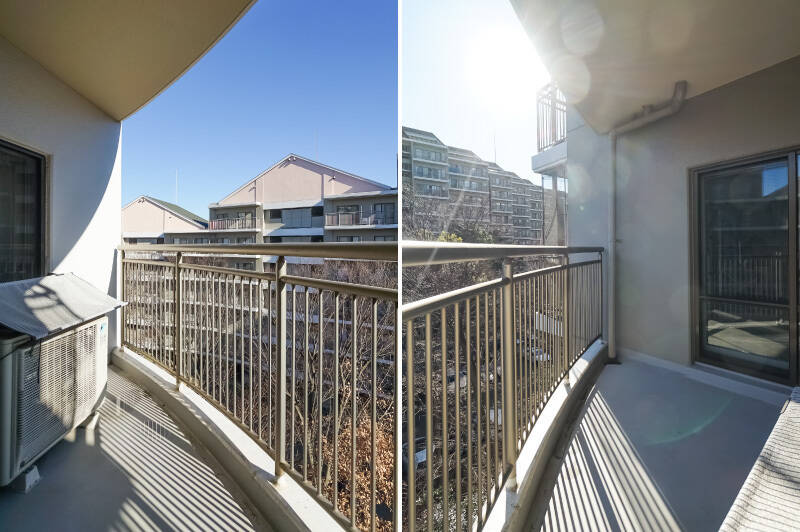 バルコニー②は南東向きで扇形のかたち。周辺にマンションはありますが、一定の距離が保たれています。