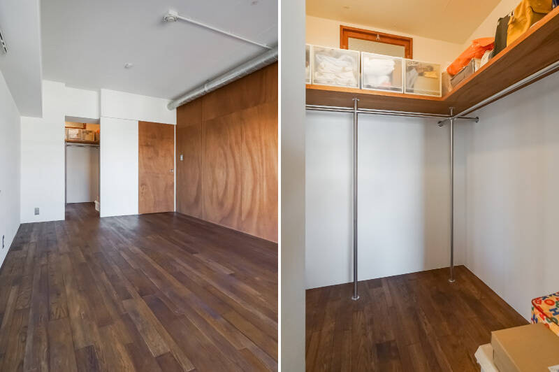 <b>左・</b>天井は躯体現しのため天井高が確保され、空間が広く感じられます。壁の一面は木パネルが貼られ空間のアクセントに◎／<b>右・</b>大きなウォークスルークローゼット（WTC）は、LDへとつながる動線になっています。