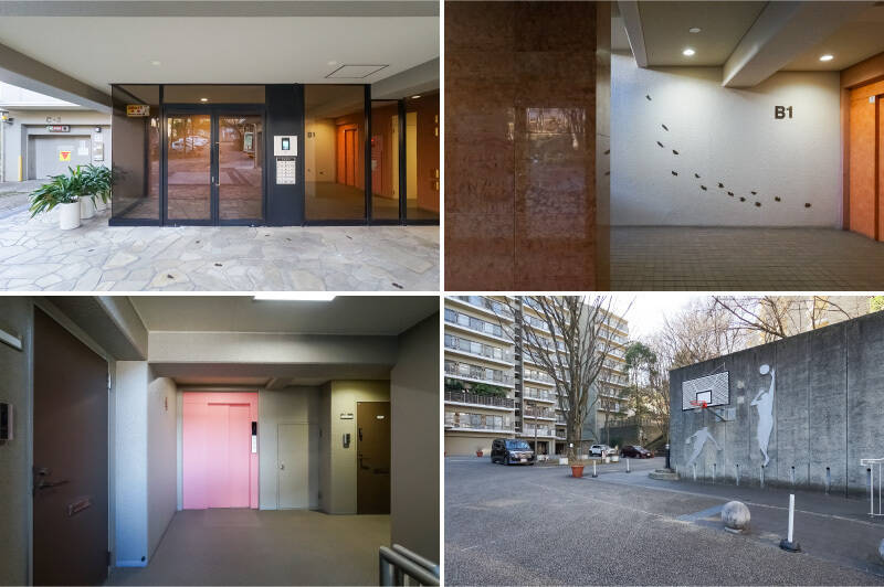 <b>左上・</b>黒い枠と薄茶色のガラスの組み合わせがスタイリッシュなエントランス。向かって右側に屋根付きの自転車置き場があり、月額400円で2台分を利用可能。／<b>右上・</b>中に入ると、落ち葉をモチーフにしたデザインが素敵なエレベーターホール。エレベーターとポストは右手にあります。／<b>左下・</b>玄関のすぐ前にはエレベーターが。1フロア2住戸だけなので、住人の方と顔を合わせる機会も少なそうです。／<b>右下・</b>駐車場は平置きと機械式の両方があり、2026年2月現在は、機械式の駐車場に空きがあります。バスケットボールのゴールも設置され、敷地のゆとりを感じます。