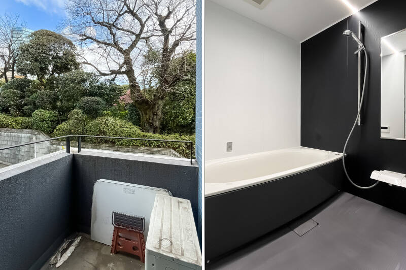 <b>左・</b>こちらのバルコニー面積は約3.37㎡とコンパクト。/<b>右・</b>ユニットバスは1418サイズが採用されています。