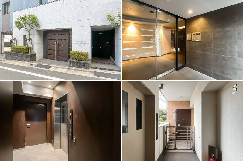 <b>左上・</b>路地に面したエントランス。/<b>右上・</b>オートロックを抜けた先にはキラキラと輝くモザイクタイルの壁面。/<b>左下・</b>エレベーターに乗って住戸のある2階まで。/<b>右下・</b>玄関前には約3.21㎡のポーチが設置されています。