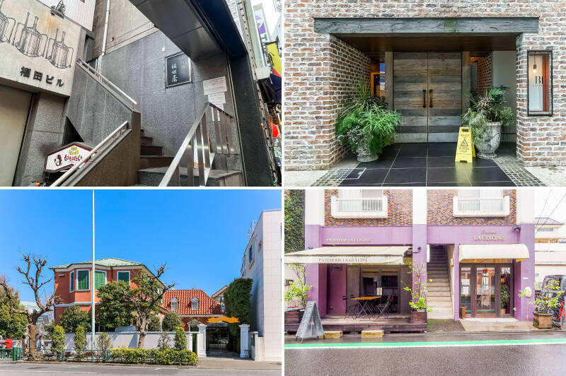 <b>左上・</b>売主さまオススメの「そば処 福田屋」。道玄坂小路に潜む名店です。(徒歩14分)/<b>右上・</b>こちらは青葉台の隠れ家ダイニング「BLACK TERRACE(ブラック テラス)」。店内、テラスともにゆったりしており、リラックスしながら利用できそうです。(徒歩3分)/<b>左下・</b>西郷橋の角に建つ老舗フレンチの「マダム・トキ」。お祝いの日にどうぞ。(徒歩10分)/<b>右下・</b>遊び心のあるケーキが評判の「Patisserie LA GLYCINE(ラ グリシーヌ)」。(徒歩7分)