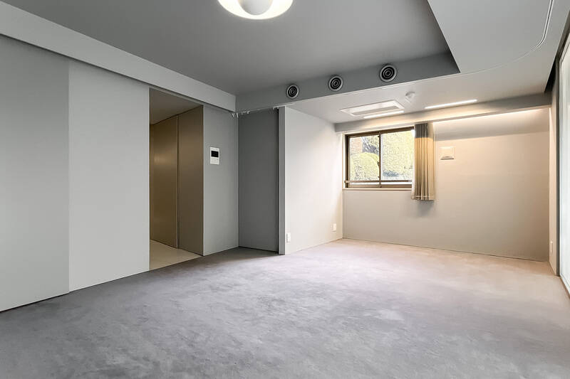 LDの反対側に目をやると、外に美しく剪定された木々が見えています。後ほどまたご紹介しますね。天井が低くなった窪み部分にはコンセントが豊富に用意されているので、デスクを置いたり、オーディオ類を置くにも適していそう。