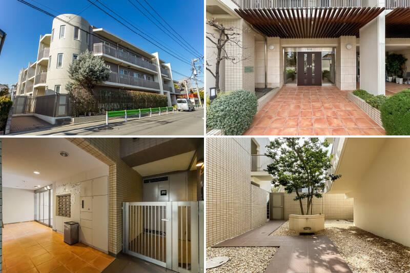 <b>左上・</b>緑地が点在する穏やかな住宅街に建つ、2003年築・総戸数25戸のマンション。ちょうど1階左手前の角に位置しているのが、ご紹介の住戸です。/<b>右上・</b>オートロック完備のエントランス。/<b>左下・</b>共用ホールの宅配ボックスを通り過ぎればすぐに住戸のポーチなので、アクセス楽々です。/<b>右下・</b>敷地内の中庭には、ペット用の水飲み場が用意されています。