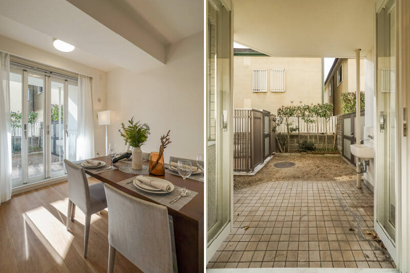 <b>左・</b>1階の住戸ながら、南向きで日当たりのよさはご覧の通り◎ ダイニングには左右にフルオープンする折れ窓が採用されているので、気候のいい日には開け放ってランチするのも素敵ですね。/<b>右・</b>窓の向こうにはテラスと専用庭が。