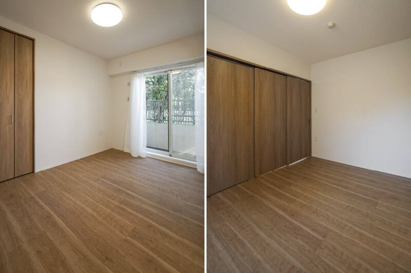 バルコニーに面した東向きの窓と、奥行きの深いクローゼットを備えた洋室A。