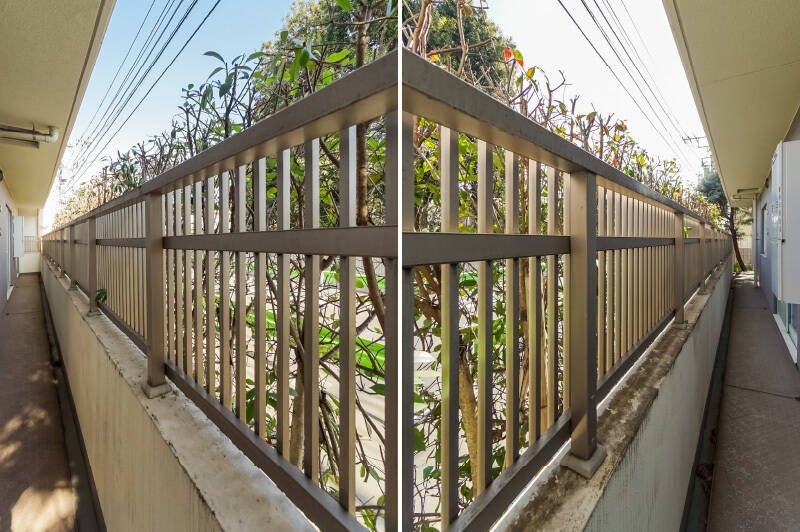 窓の向こうには、人ひとり立てるくらいの奥行きのバルコニーが、洋室4つぶん長ーく延びています。植栽のすぐ奥を人や車が通行するため、こちらのバルコニーは道路との緩衝地帯と捉えておくのがよさそう。