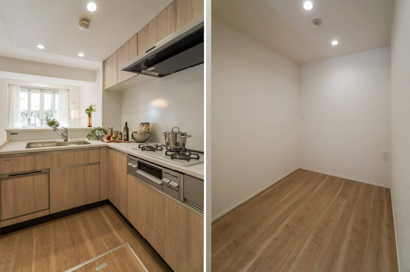 <b>左・</b>食洗機を完備したL字型キッチン。テラスを眺めながらの洗い物は気分が上がりそう。/<b>右・</b>キッチンの奥には、ちょっとびっくりするほど広いスペースが確保されています。冷蔵庫とキッチンボードを置いてもまだ余裕カモ!