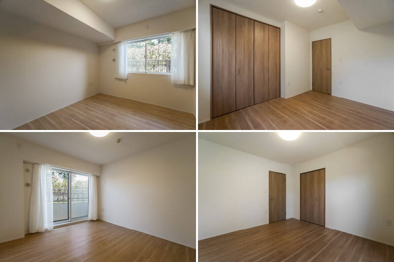 <b>上・</b>こちらは約5.6帖の洋室B。ほかの部屋よりちょっとだけ収納が大きめです。/<b>下・</b>こちらは約5.3帖の洋室C。