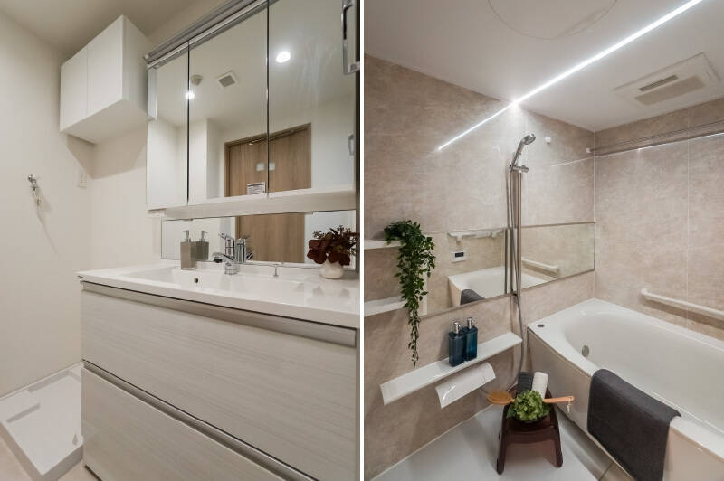 <b>左・</b>収納力の高いキャビネットタイプの洗面化粧台。脱衣スペースも無理のない広さを確保しています。/<b>右・</b>バスルームは堂々の1618サイズ。長風呂さんも、豊かなバスタイムを楽しめそうですよ♪