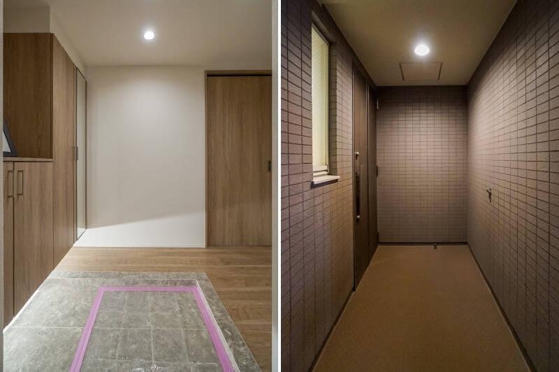 <b>左・</b>大型犬と一緒の出入りもスムーズにできそうな、ゆったりした玄関なのがうれしいですね。/<b>右・</b>住戸の玄関扉の前には、約5.2㎡の専用ポーチが設けられています。ここにもリードを繋ぐフックがあるのが心にくい! ちなみにポーチ内に、約0.3㎡の専用トランクスペースもありますよ◎