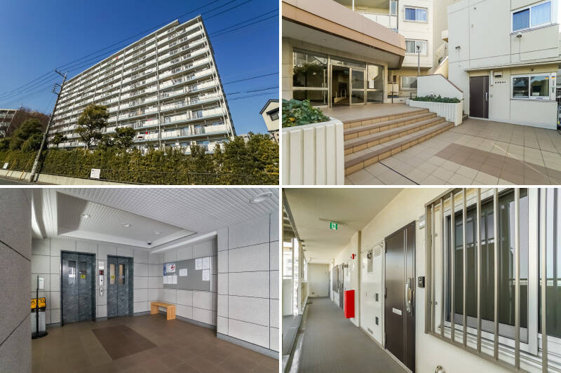 <b>左上・</b>京急本線「六郷土手」駅から徒歩9分、「雑色」駅から徒歩13分の場所に位置するマンション。総戸数は142戸とビッグコミュニティです。／<b>右上・</b>管理事務所は、今回の住戸とは別棟にあります。／<b>左下・</b>こちらはエレベーターホール。1981年築の古さを感じさせないきれいさです。／<b>右下・</b>今回ご紹介する住戸がある11階に到着。