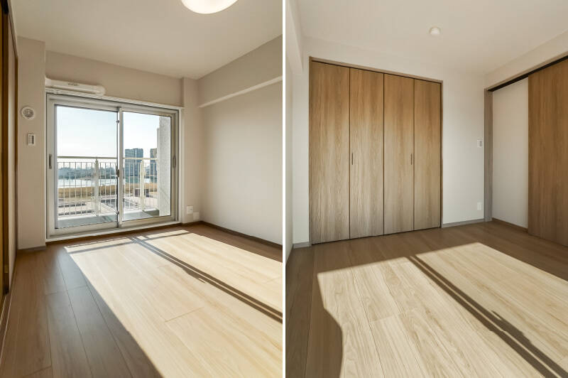 明るさ良好な約5.1帖の洋室A。こちら側はベランダの柵が縦格子になっているので、座っていても川を眺められます。リバービューで迎える朝、気持ちよさそう……♡