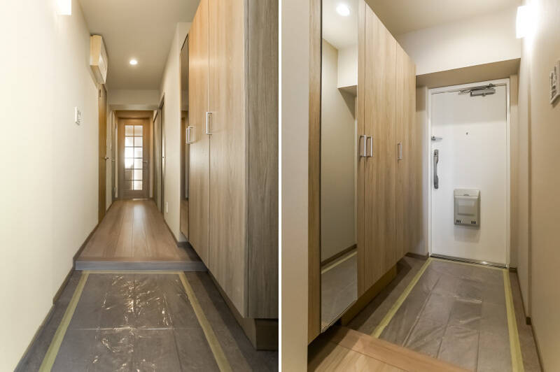 LDKから光が漏れる廊下を通り玄関へ。高さのあるシューズクロークなので、ファミリーでも安心の収納量です。全身鏡で身支度の最終チェックができるところもうれしい。