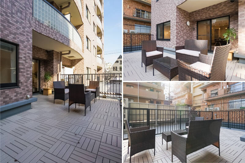 ルーフバルコニーは、約19㎡の広さ。テーブルセットを置いてもゆとりがあります。正直、お隣のバルコニーや周囲の建物からの視線はちょっと気になる……カモ。グリーンやパラソルなどで目線を和らげるのがおすすめ。