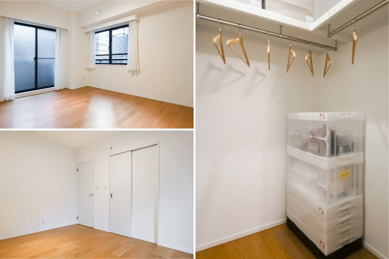 まずは最も広さのある洋室A。北西と南西の2面に窓があり、明るい印象。ウォークインクローゼット(WIC)が備わっています。