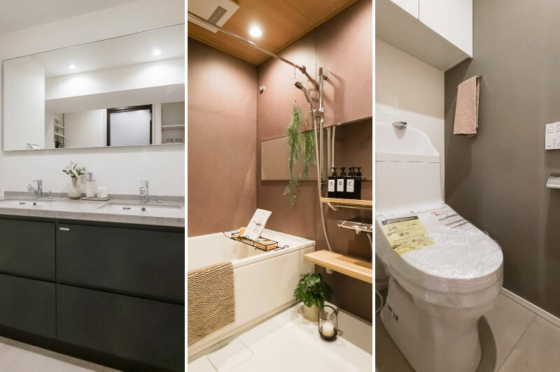 <b>左・</b>タカラスタンダード製のツーボウルタイプの洗面台。並んで身支度ができますよ♡ 引き出し式の収納も頼もしいサイズ。/<b>中央・</b>浴室乾燥機付き、1618サイズのユニットバス。落ち着いたカラーが素敵です。/<b>右・</b>玄関近くにあるトイレ。上吊り収納付きです。