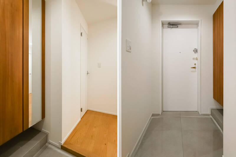 清潔感のある玄関には、全身鏡付きのトールタイプの下足入れが備わっています。