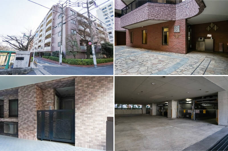 <b>左上・</b>目黒川に面して建つ、1997年竣工、新耐震基準のマンション。総戸数は61戸で安定感のある規模感です。/<b>右上・</b>オートロックと宅配ボックス付きのエントランス。/<b>左下・</b>玄関前にはコンパクトなポーチがあり、プライバシー性に配慮された造りです。管理人さんと清掃員さんはそれぞれ週5日ご勤務されています。/<b>右下・</b>月額25,000円〜40,000円で利用できる、機械式駐車場は、最も小さいパレットに4台の空きがあります。サイズ制限は、長さ530cm・幅170cm・高さ155cm・重さ2,300kgまで。(2026年1月現在)