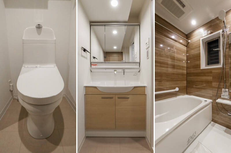 <b>左・</b>廊下からアクセスするトイレ。/<b>中央・</b>洗面室のドア近くには洗濯機置き場もあります。/<b>右・</b>1216サイズのシンプルなユニットバス。