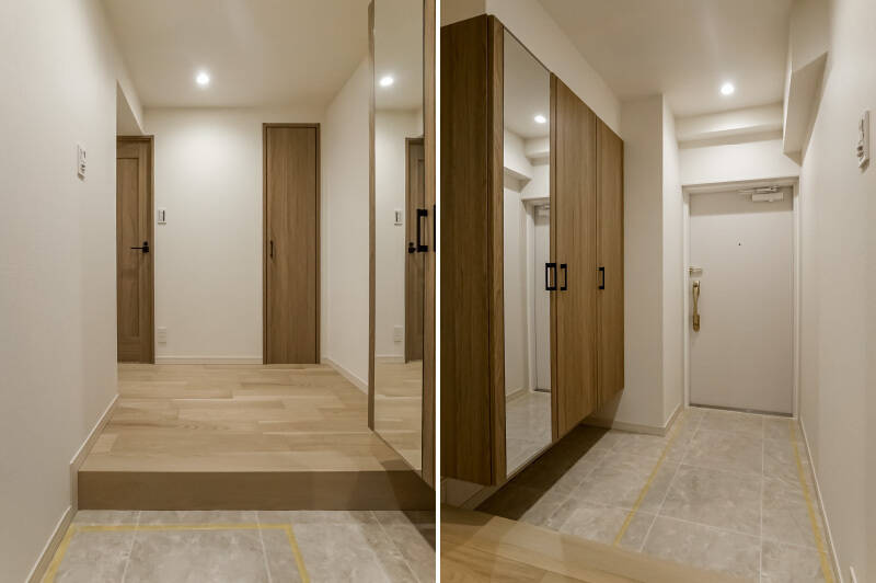 <b>左・</b>正面には小さな物入れ。中には可動棚が付いています。/<b>右・</b>大きなシューズボックスも用意。扉の鏡で身だしなみを整えられますね。