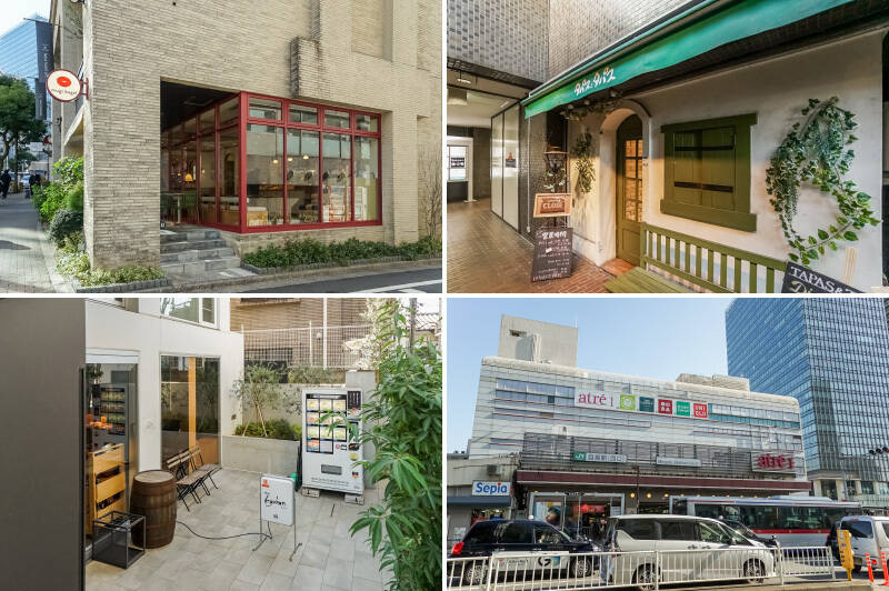 <b>左上・</b>目黒通り沿いにある「mugi bagel(ムギベーグル)」。こだわりの3種の小麦をブレンドし、独特なむぎゅもち食感が特徴のベーグルが楽しめます。(徒歩4分)/<b>右上・</b>「タパス&タパス」では、地中海沿岸の南欧料理を日本人に合う味付けで楽しめます。(徒歩5分)/<b>左下・</b>マンション入り口から坂を下ったすぐそこ「和牛とワイン 焼肉きゅうこん」では、良質なお肉を楽しめます。(徒歩1分)/<b>右下・</b>生活に必要な物は「アトレ目黒」で。衣服、生活雑貨店が揃っています。(徒歩7分)