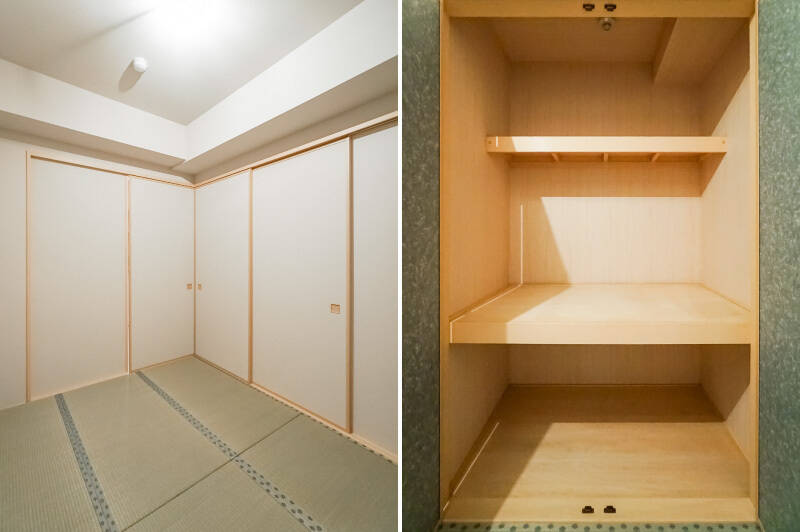 <b>左・</b>ふすま風の引き戸は頼もしい厚みがあるので、閉めるとしっかりと独立した印象に。／<b>右・</b>押入れは奥行きが深く、布団も余裕で入りそうです◎
