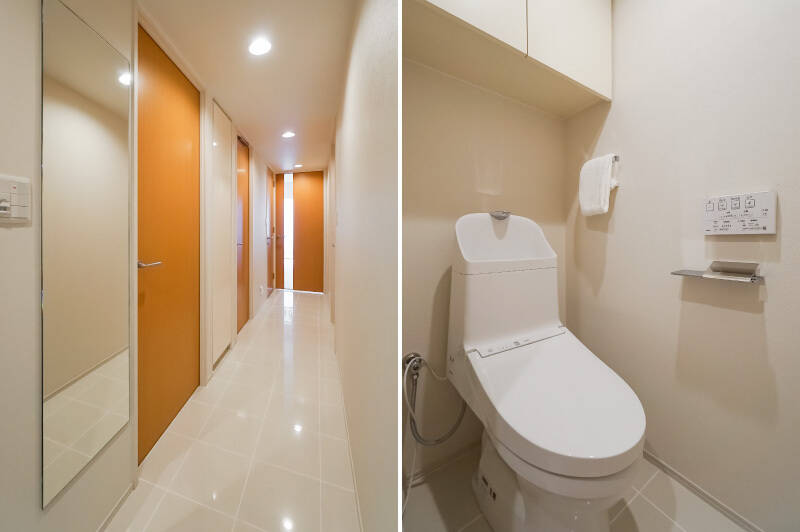 <b>左・</b>こちらは玄関からLDK方向を見たカット。ツヤ感のある廊下や建具が、ほんのりクラシカルな雰囲気です。／<b>右・</b>トイレはオフホワイトで統一されたシンプルな設え。