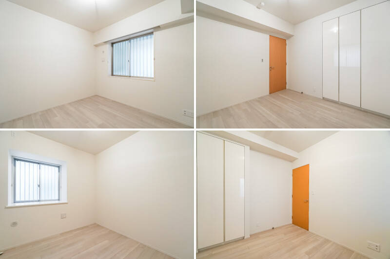 <b>上・</b>和室の横に位置している、約6帖の洋室Ａ。北向きの腰高窓は住戸の専用ポーチに面しています。／<b>下・</b>そのお向かいにある約5帖の洋室Ｂ。同じく北向きの腰高窓があり、こちらは共用廊下に面しています。出窓部分に鉢植えなどを置いたらいい目隠しになりそうですね。