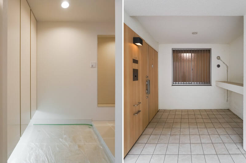 <b>左・</b>玄関には背の高いシューズボックスが。シンプルなデザインながら、間接照明で空間に奥行きが生まれています。／<b>右・</b>住戸の玄関前には、ゆったりサイズの専用ポーチが備わっています。ベビーカーやペットバギーの置き場所にちょうどよさそう！