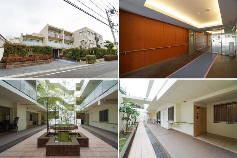 <b>左上・</b>のんびりしたムードの住宅街に佇む、総戸数67戸のマンションです。2006年築とまだ比較的築年数が浅く、2019年に初回の大規模修繕工事を完了しています。／<b>右上・</b>エントランスにはオートロックや宅配ボックスを完備しています。／<b>左下・</b>建物中央は吹き抜けになっていて、ちょっといい雰囲気♡／<b>右下・</b>住戸のあるフロアの共用廊下。地下1階ですが、自然光を取り込むスペースが確保されているおかげで明るくさわやかです。