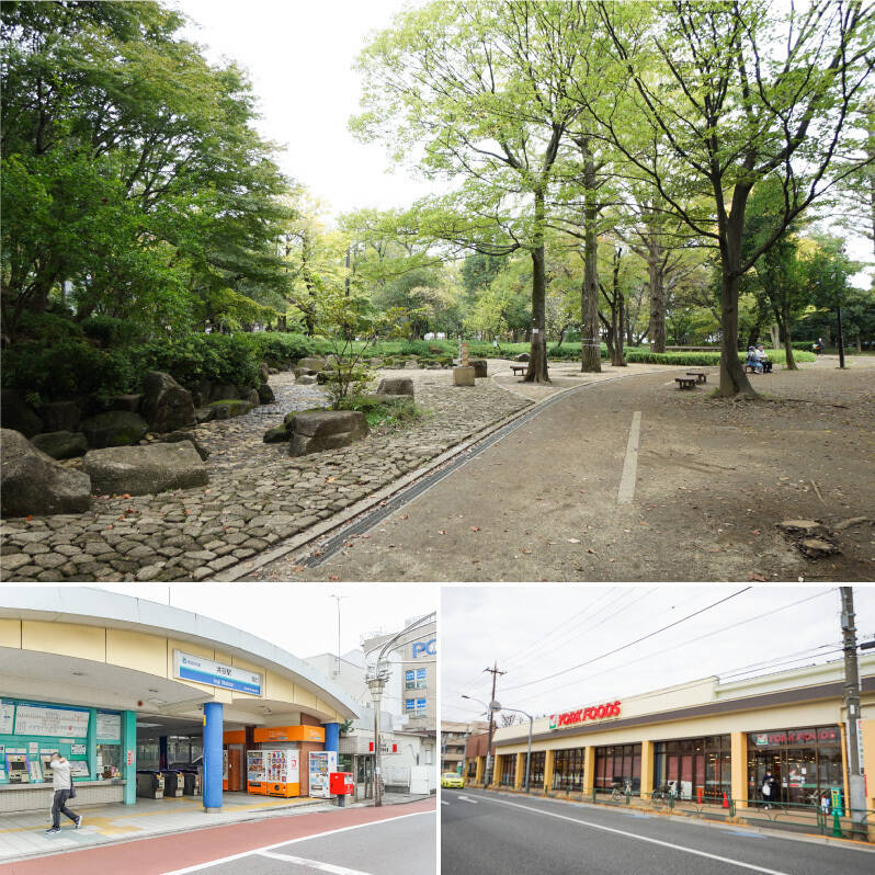 <b>上・</b>お散歩コースにおすすめなのが、徒歩3分の場所に広がる「井草森公園」。自然豊かで遊具も充実したきれいな公園ですよ。／<b>左下・</b>最寄りは西武新宿線「井荻」駅（徒歩10分）。「西武新宿」駅までは乗車時間約19分と、乗り換えなしでアクセスできます。／<b>右下・</b>そして……マンションのほぼお隣には、スーパー「ヨークフーズ石神井店」がドーンと構えてます！ この恵まれた環境は見逃せませんね。（徒歩2分）