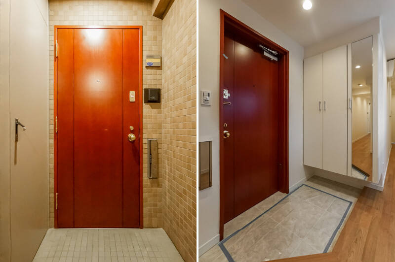 玄関には大きなシューズボックスが。鏡付きなので、おでかけ前の身だしなみはこちらで整えて。