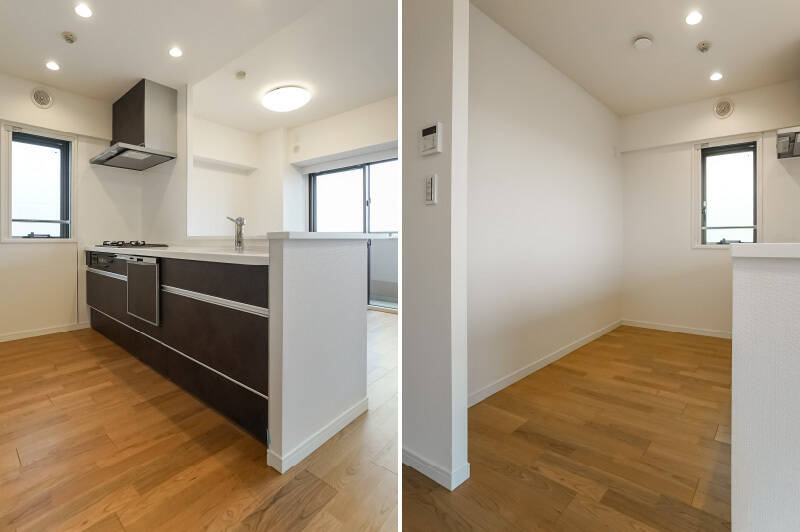 <b>左・</b>グリル付きの3口コンロ、洗浄機能付き水栓、食洗機完備のシステムキッチンです。／<b>右・</b>収納や冷蔵庫はこちらのスペースに。