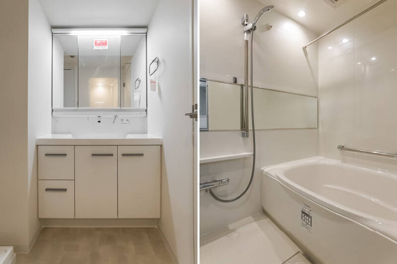 <b>左・</b>台下に引き出し収納が付いた洗面台。横には洗濯機置き場があります。／<b>右・</b>1317サイズのユニットバス。浴室乾燥機付きです。