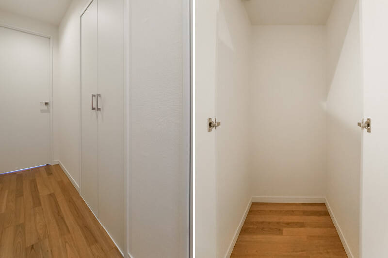 廊下に戻ってくると、正面には両開きのドアが。開けてみると、コンパクトな物置になっています。