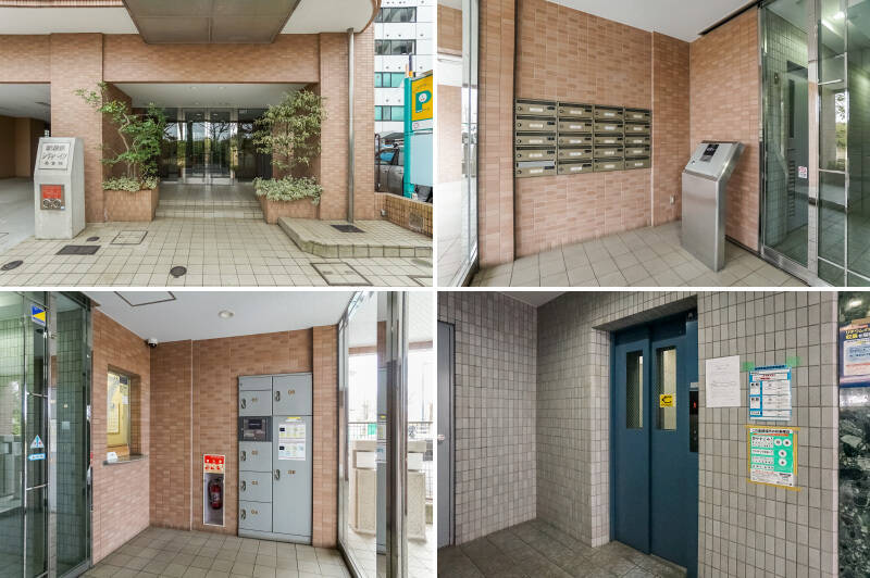 <b>左上・</b>エントランスではグリーンがお出迎え。／<b>右上・</b>オートロック付きのゲート。／<b>左下・</b>反対側には宅配ボックスと管理人室の窓口が。／<b>右下・</b>ゲートを抜けるとエレベーターがあります。
