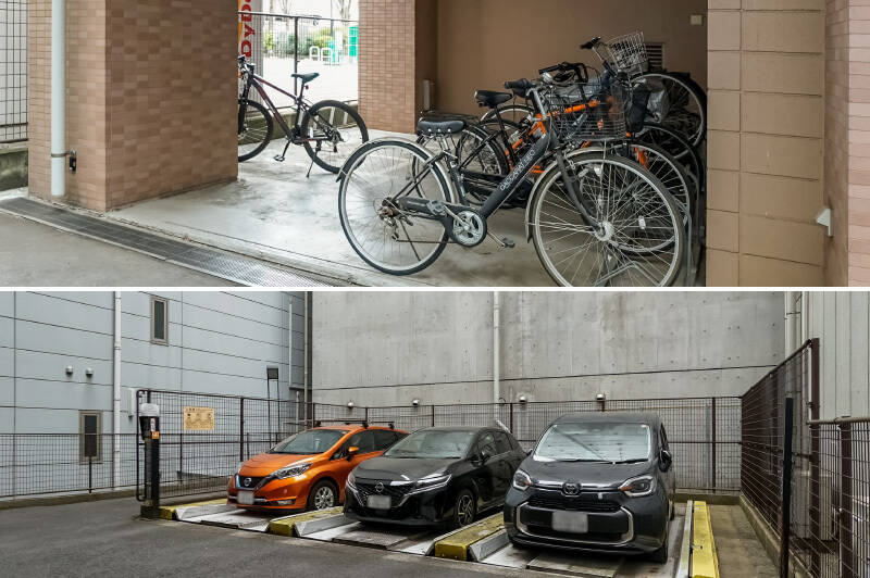 マンション玄関の横を進むと、奥には駐車場と自転車置き場があります。