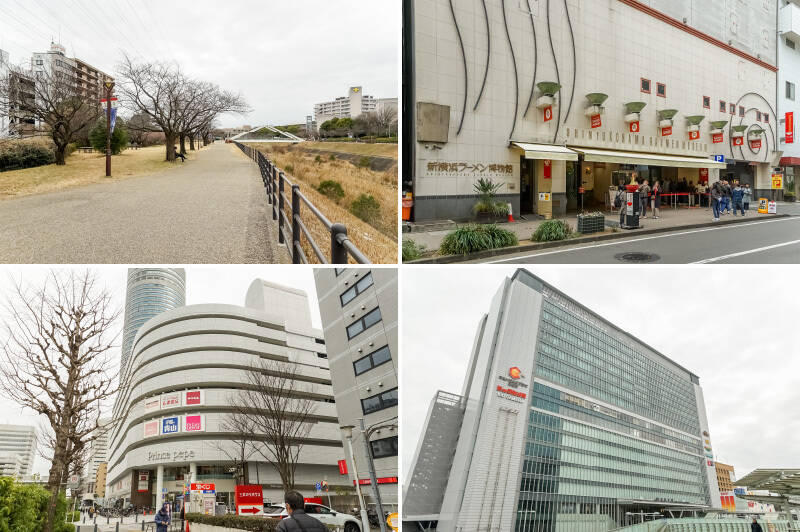 <b>左上・</b>東京都町田市、神奈川県川崎市、横浜市を流域に持つ一級河川「鶴見川」。川沿いには歩道があり、ランニングやわんちゃんとのお散歩におすすめ。（徒歩1分）／<b>右上・</b>「新横浜ラーメン博物館」では、全国の名店ラーメンを食べ比べやオリジナルのカップラーメンづくりなどを体験できます。（徒歩8分）／<b>左下・</b>普段のお買い物は「新横浜プリンスペペ」で。大型スーパーや生活雑貨店が揃っています。（徒歩7分）／<b>右下・</b>「新横浜」駅直結の「キュービックプラザ新横浜」には、大型家電量販店やアパレルショップ、レストランなど、さまざまなジャンルのお店が揃い、休日のおでかけ先としても◎（徒歩11分）