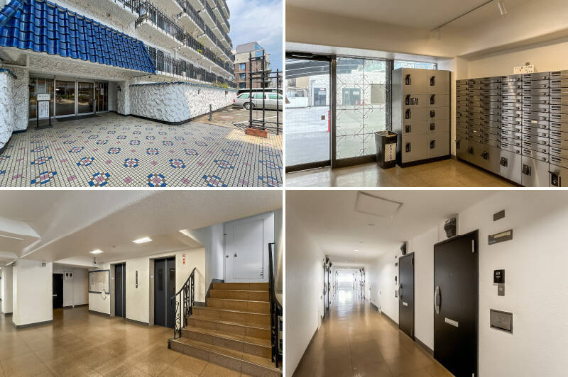 <p><b>左上・</b>眩しいブルーの瓦屋根は、こちらのマンションのトレードマーク。/<b>右上・</b>エントランスには宅配ボックスが備わっています。/<b>左下・</b>エレベーターは2機あるので、朝の混雑時など安心!/<b>右・</b>住戸は4階に所在します。</p>