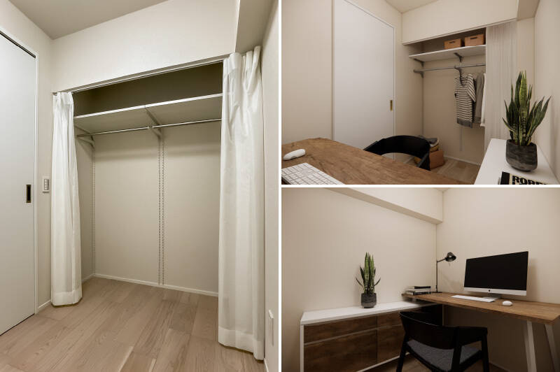 <b>左・</b>約2.7帖のサービスルームは、オープン収納付き。/<b>右・</b>CGは、ワークスペースとして使用したイメージ。