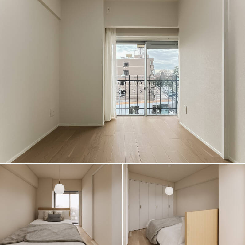 <b>上・</b>洋室は、LDKと同じく南西向き。/<b>下・</b>CGイメージでは、ダブルベッドを配置しています。窓と反対側には壁一面のクローゼットが付いています。