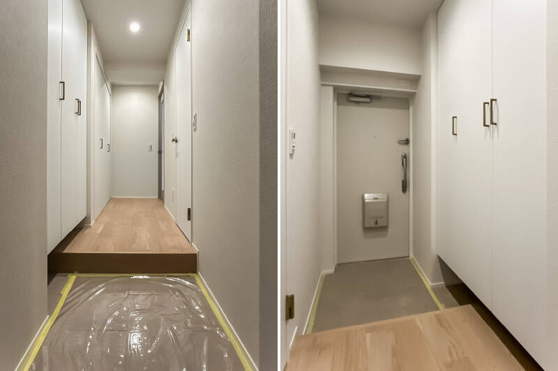 トールタイプのシューズボックスと、大きめの廊下収納が付いています。