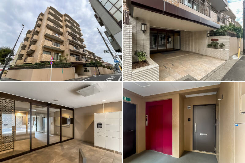 <b>左上・</b>1981年竣工、総戸数43戸です。／<b>右上・</b>エントランスは環七から少し入った車通りの少ない住宅街に面しています。／<b>左下・</b>共用ロビーはゆったりとしていてキレイな印象。オートロック、宅配ボックス完備。／<b>右下・</b>住戸は5階所在。エレベーターのすぐそばです。