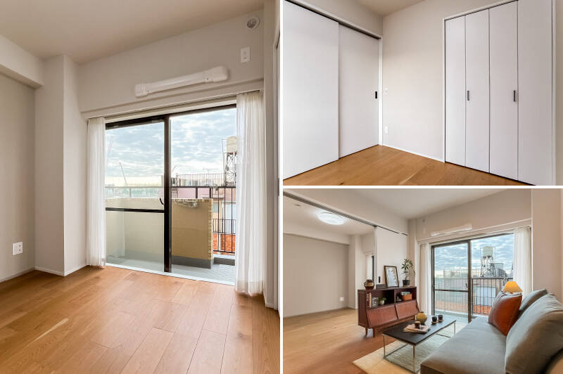 <b>左・</b>洋室Aからも、南向きのバルコニーへアクセス可能。／<b>右上・</b>折れ戸2枚分の収納付きです。／<b>右下・</b>3枚引き戸を開ければ、LDKとひと続きの空間にすることも◎