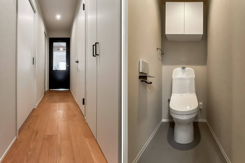 <b>左・</b>廊下から洋室Cと水まわりへアクセスします。／<b>右・</b>トイレの上部には吊り戸棚を設置。