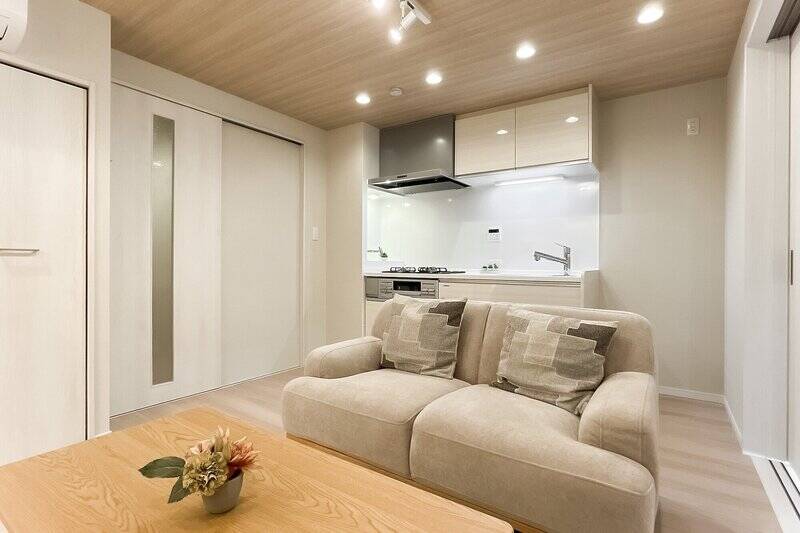 キッチンは壁側に寄せた配置で、空間を広く使えるのもポイント。ソファは洋室側に置き、こちらにはダイニングテーブルを置くのもいいですね。レイアウトのバリエーションがいろいろと考えられそう。