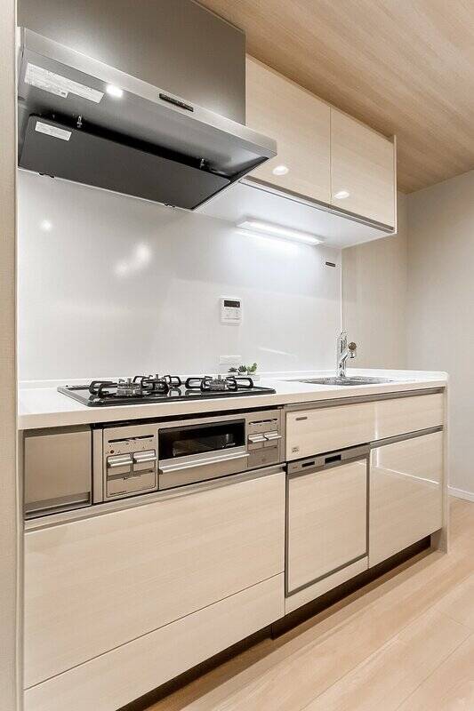 幅がしっかり確保されたキッチンは、3口コンロ・食洗機・浄水器一体型水栓を完備。ここからは見えませんが、コンロ左手の壁にはくぼみがあり、調味料などを置いておくとサッと手に取れて便利そうです。