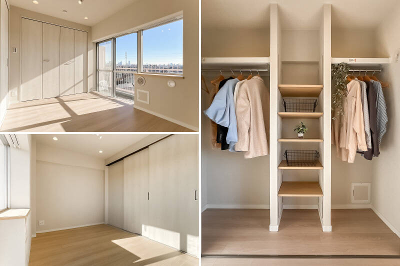 広さは約5.4帖。柱や大きな梁（はり）がなく、すっきりとした居室です。収納は壁一面たっぷりとあり、真ん中の可動棚スペースは使い勝手が良さそう！